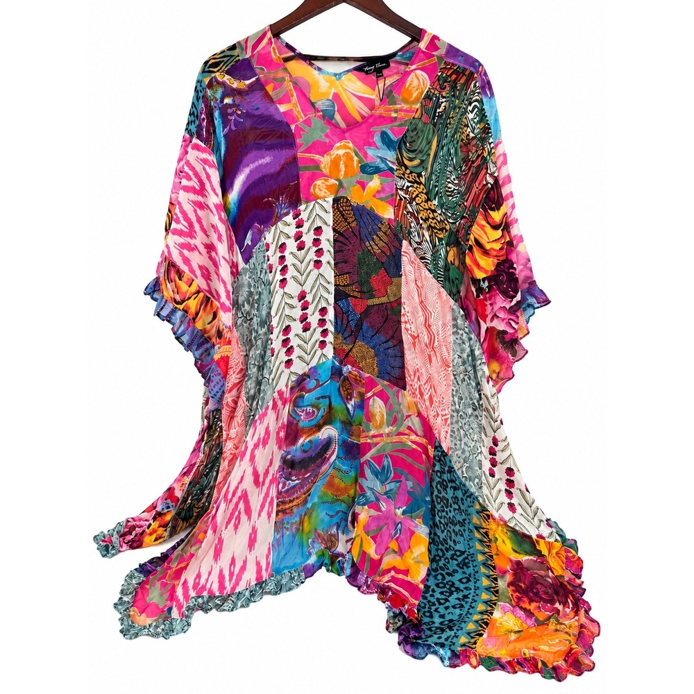 Young Threads Poncho Kimono Patchwork Boho Ruffle Flowy Sheer Very Oversized